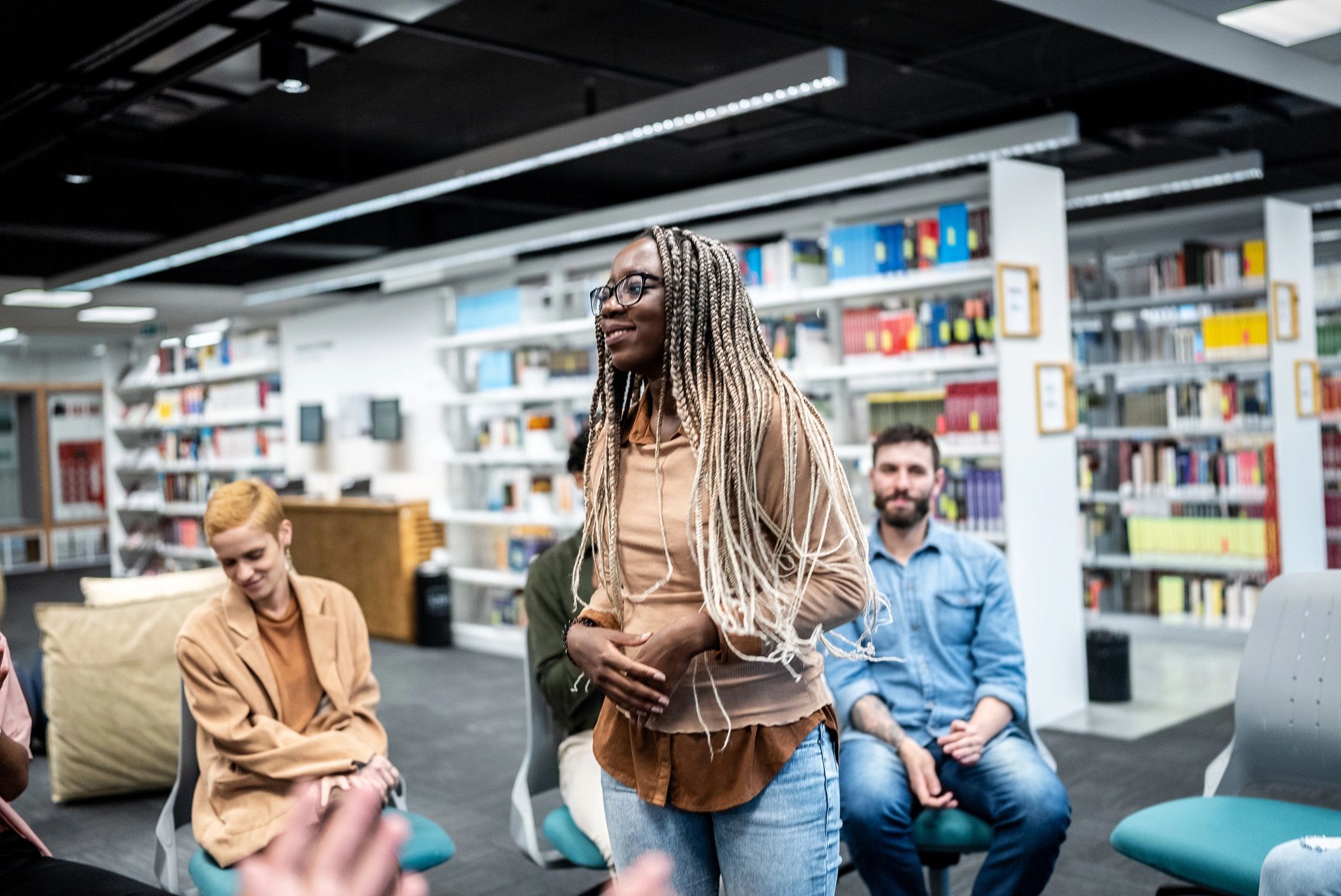 Author speaking to students during a classroom talk